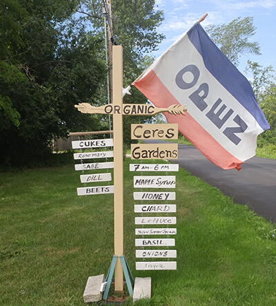 This sign leads the way to fresh organic vegetables on the corner of Lake and Ferry Roads. They are grown with love inside a greenhouse and out in the open. Photo by Vera Moroney