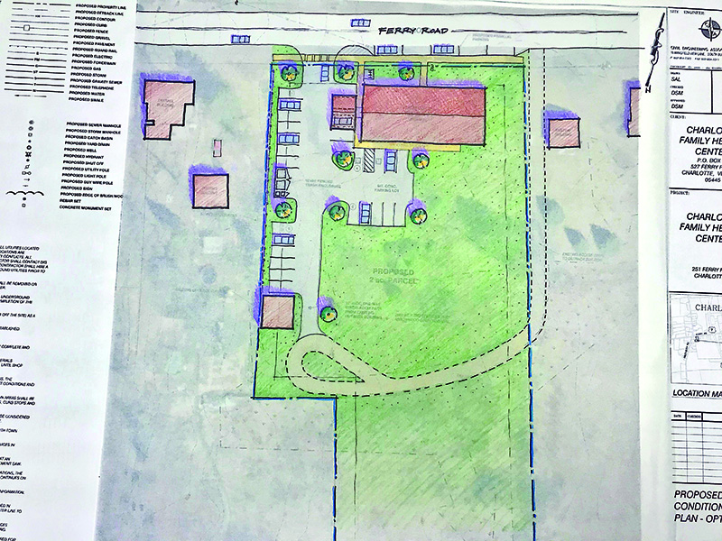 Charlotte Family Health Center submitted this design possibility for a new facility on Ferry Road; though there is street parking in this design, the health center will not pursue that portion of the project.Sketch plan courtesy Chris Huston from ReArch