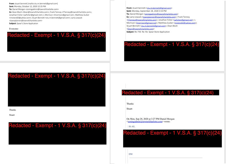 Photo captions: The Zoning Board of Adjustment, through the town attorney, shared 209 pages of mostly redacted emails in response to a public records request from The Charlotte News.