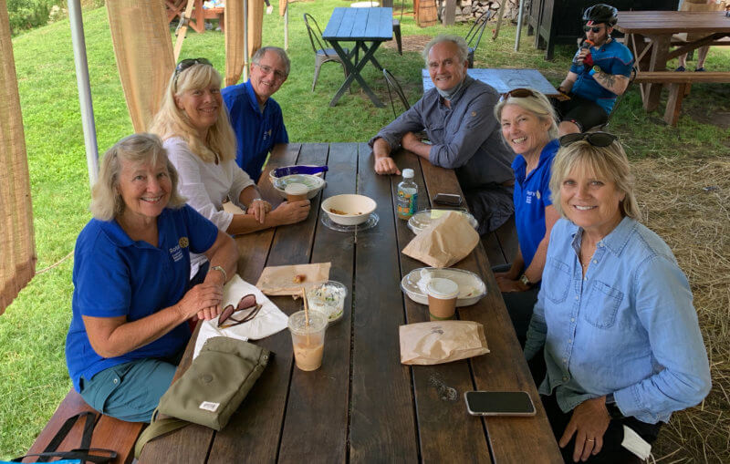 The gardening crew rested at Philo Ridge Farm after working in the CCS Garden, from left to right, Linda Gilbert, Susanne and Chris Davis, Keith Walsh, Carrie Fenn, Susan Grimes.