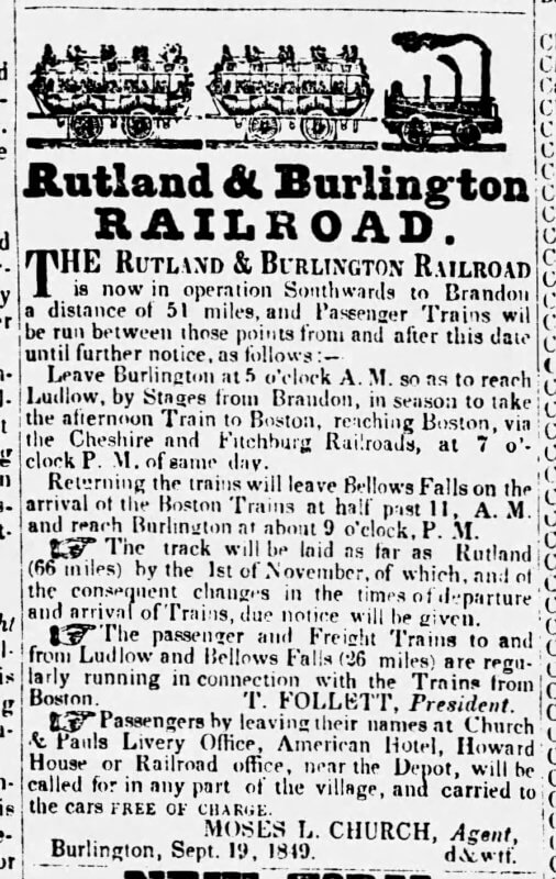 From The Burlington Free Press, Friday, October 5, 1849, reporting the first operating schedule of the Rutland & Burlington Railroad.