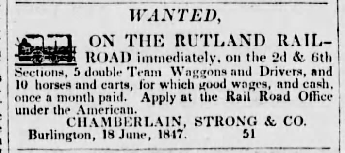 From Burlington Weekly Free Press, Friday, June 18, 1847, looking for citizens to work on the grading of the rail line.