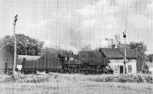 The Consolidation #14 (a 2-8-0 engine) hauling the local freight past the Charlotte depot in the early 1940s. The house on the far right is still standing. From The Rutland Road, by Jim Shaughnessy; photographer, Philip Hastings.