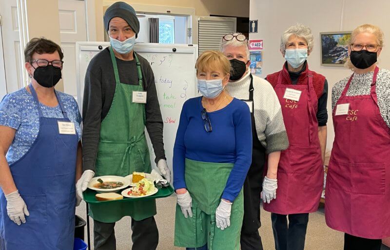 Senior Center’s Monday volunteer cooks served a wonderful Tuscan sausage and vegetable stew with wedge salad and cake for dessert. From L to R: Sue Foley, Andy Hodgkin, Bev Burley, Carol Strobeck, Marjorie London and Karina Warshaw. Photo by Lori York