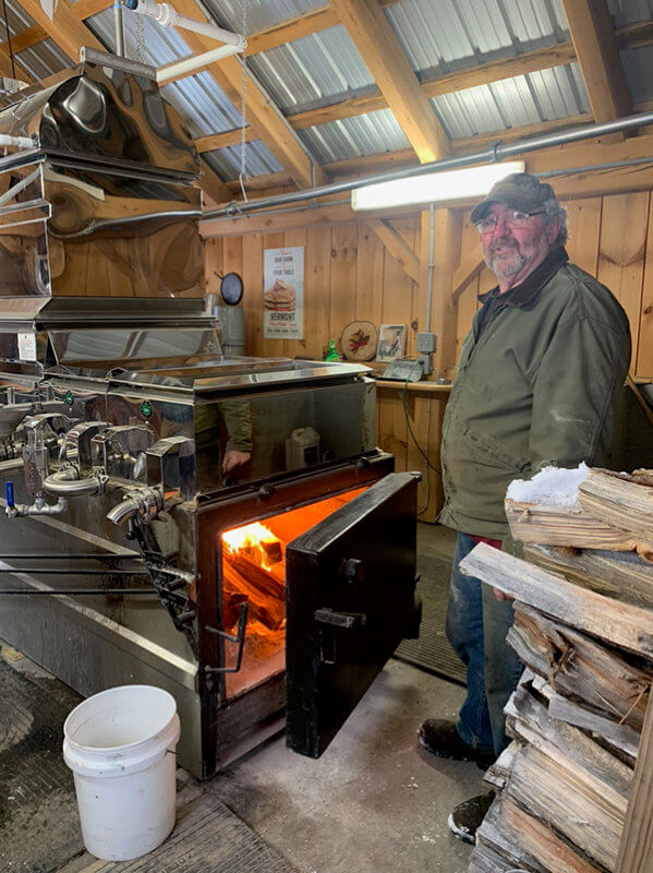 Pat Leclaire in his sugarhouse on Lime Kiln Road.