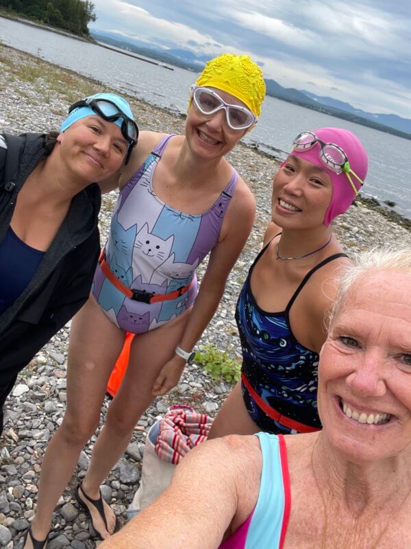 The group takes a quick selfie before their swim. Pictured left to right: Julie Postlewaite, Susan Blood, Cecelia Wu and Tanna Kelton. Photo contributed
