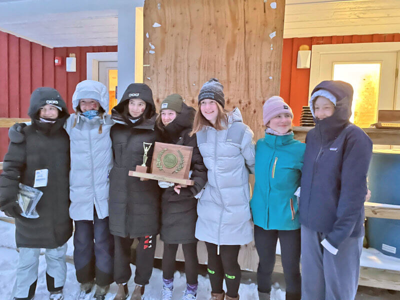 CVU girls ski team at the state championships are, from left, Carly Strobeck, Elizabeth Norstrand, Dicey Manning, Marlie Cartwright, Kate Kogut, Zoey Scapof and Ella Lisle. Photo by Christy Hagios