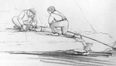 Boys fishing, illustration from “Around the Mountains” by W.W. Higbee; original artwork by Jenny Cole; used with permission of the Charlotte Historical Society.