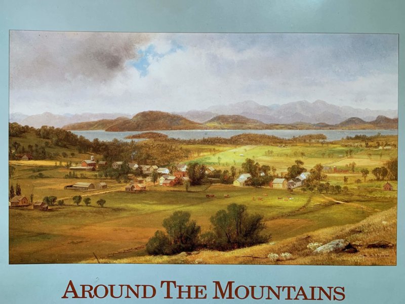 Copy of the cover of “Around the Mountains” by W.W. Higbee, published by the Charlotte Historical Society, illustrating an 1860 painting by Daniel Folger Bigelow entitled “View of West Charlotte and Lake Champlain,” used with permission of the Charlotte Historical Society. To the extreme right, at about the middle, School #5 is visible. The inset detail shows the school more clearly. The original oil on canvas is at the Shelburne Museum and can be seen as part of its “Painting A Nation” exhibit in the Webb Gallery once the museum opens in May.