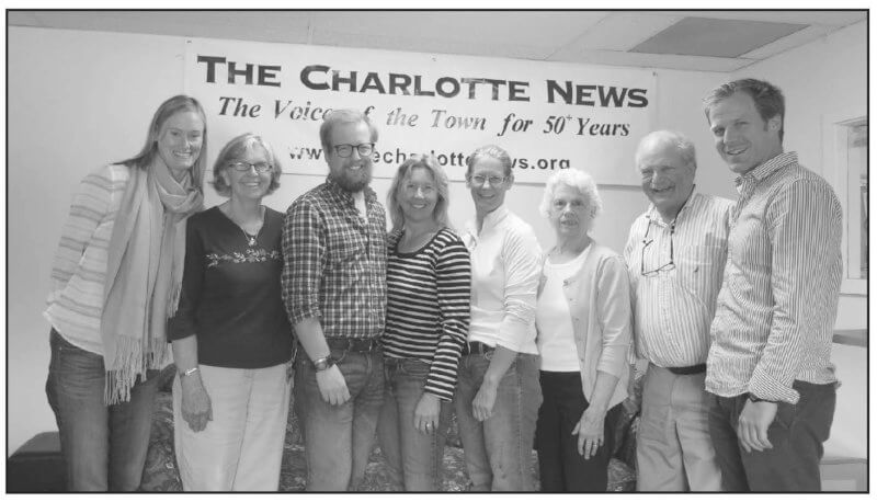 The Charlotte News Staff, July 2015. Left to right: Elizabeth Phillip-Morris, Ruah Swennerfelt, Brett Sigurdson, Shanley Hinge, Monica Marshall, Beth Merritt, Edd Merritt and Alex Bunten.