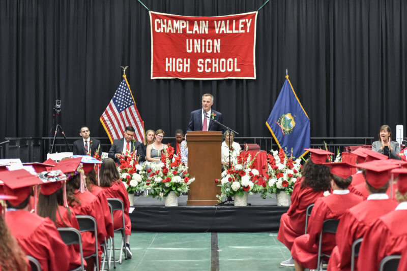 Photo by Al Frey Principal Adam Bunting addresses the 2022 CVU graduating class.