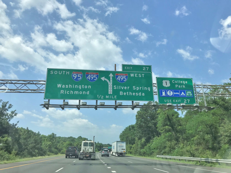 Photo by Margo Bartsch A road sign on I-95 that includes three college destinations: the University of Maryland at College Park, George Washington University in D.C. and the University of Richmond in Virginia.