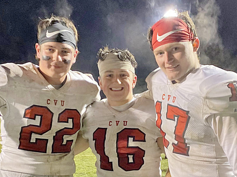 Courtesy photo As recently graduated seniors, Ryan Canty, Angelos Carroll and Jared Anderson will represent Champlain Valley Union High in the Shrine Maple Sugar Bowl Game when Vermont’s best high school footballers face off against New Hampshire’s best. This will be their last football game as Redhawks.