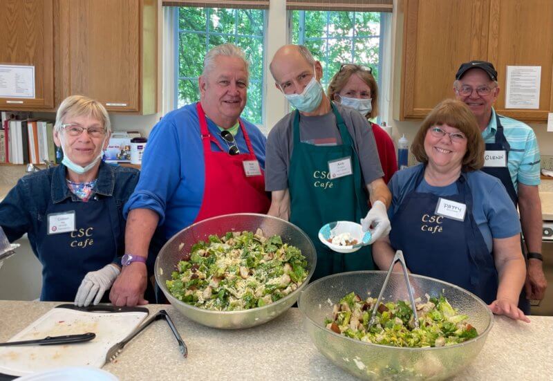 Photo by Lori York From left, Colleen Haag, Sean Moran, Andy Hodgkin, Louise McCarren, Patty Blair and Glenn Willett volunteering with the Monday Munch cooking team.