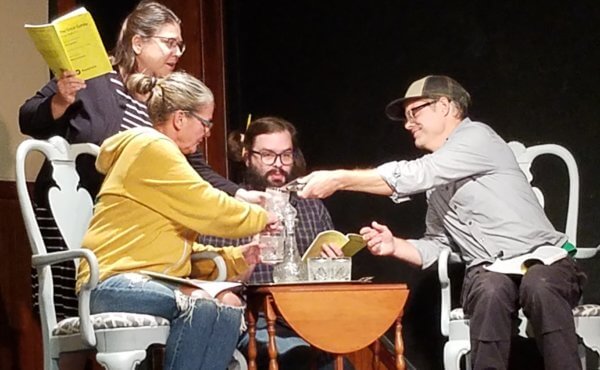 Courtesy photo From left, Charlotte Robinson, Marci Robinson, Tom Jaques and Aric Brown rehearse a scene from The Great Gatsby: A Live Radio Play, opening Oct. 7 at the Valley Players in Waitsfield.