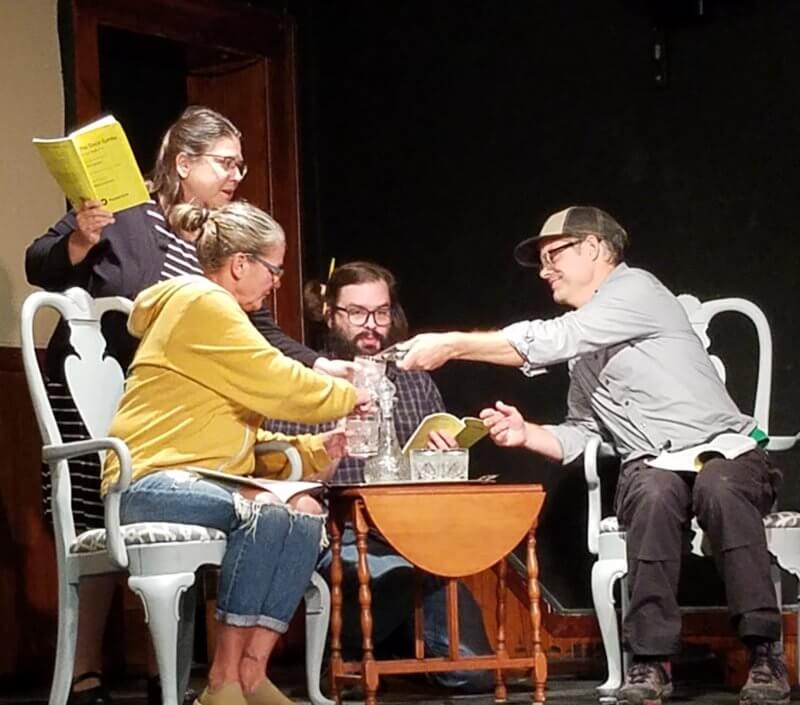 Courtesy photo From left, Charlotte Robinson, Marci Robinson, Tom Jaques and Aric Brown rehearse a scene from The Great Gatsby: A Live Radio Play, opening Oct. 7 at the Valley Players in Waitsfield.