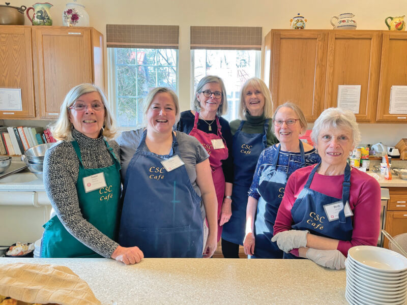 Photo by Lori YorkThere is a different team of volunteers who cook the Monday lunches every week at the Charlotte Senior Center. From left, the team was Susan Whittaker, Chea Evans, Janet Morrison, Maura Kehoe, Susan Hyde and Beth Merritt on Jan. 9.