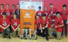 From left, (front) Joe Jacobs, Jack Gourlay, Gavin, Blackburn, Clay Nicholson, Will Ackerly (back) Sam Yager, Jared Kennedy, Crawford Phillips, Jaden Parker, James Haines, Violet Fennern, Braden Griffin and Jacob Graham are members of the Champlain Valley Union High robotics team headed to Houston in April to defend their state title.