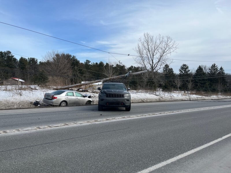 Courtesy photoA distracted and allegedly drug-impaired driver hit and knocked down a power pole on Friday on Route 7, shutting down traffic for a while.
