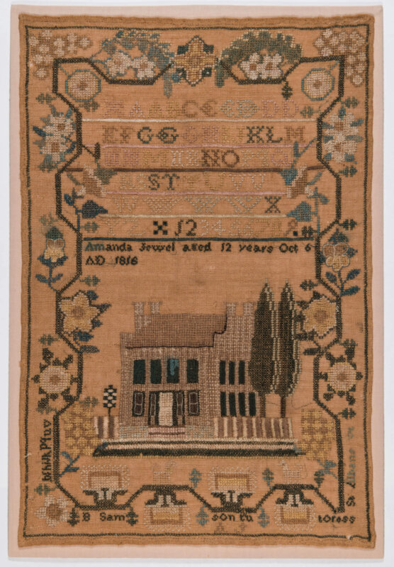 Photo by Andy DubackAmanda Jewel, Pictorial and Alphabet Sampler, 1816. Silk on linen, 18 1/2 x 12 1/2 inches. Collection of Shelburne Museum, gift of Marilyn Idle. 1986-51.