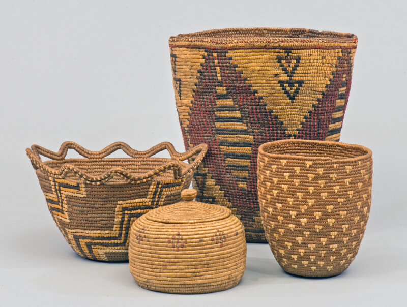 Photography by Andy Duback.Artists formerly known (Alaska and Northwest Coast), Carrying Basket, Root Digging Bag, Berry Basket and Lidded Basket, late 19th or early 20th century. Collection of Shelburne Museum, gifts of Electra Havemeyer Webb & J. Watson Webb, Jr. 1947-17.1, 6 & 13 and 1973-13.