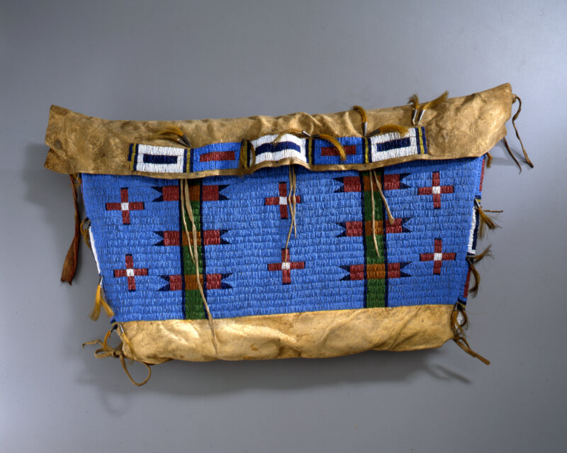 Courtesy photo Artist formerly known [Tsitsistas/Suhtai (Cheyenne)],Beaded Pannier, ca.1880. Collection of Shelburne Museum, gift of Ogden M. Pleissner.1961-182.36.1.