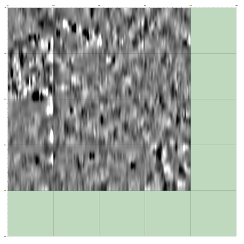 Photo from Charlotte Historical SocietyA magnetic gradiometry image from the east side of the Bradley Cemetery (East Burying Ground) on the west side of Spear Street about a half mile north of Hinesburg Road. Areas of high magnetic resistance are lighter in color; the white areas are stone. Areas of lowest resistance are dark or black in color, suggesting the ground has been dug. Graves appear black and are cigar shaped.