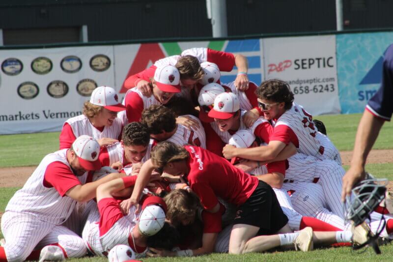 Photos by Scooter MacMillan Above: When Mount Anthony’s final out was tallied, a pile o’ players appeared almost immediately on top of pitcher Stephen Rickert.