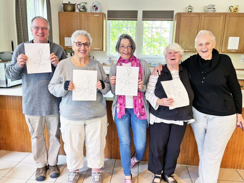 From left,  Ron Ulmer, Gerri Bloomberg, Katie Franko, Mary Donnelly and Mickie Davis practice drawing in a Drawing For Those Who Think They Can’t class at the senior center.