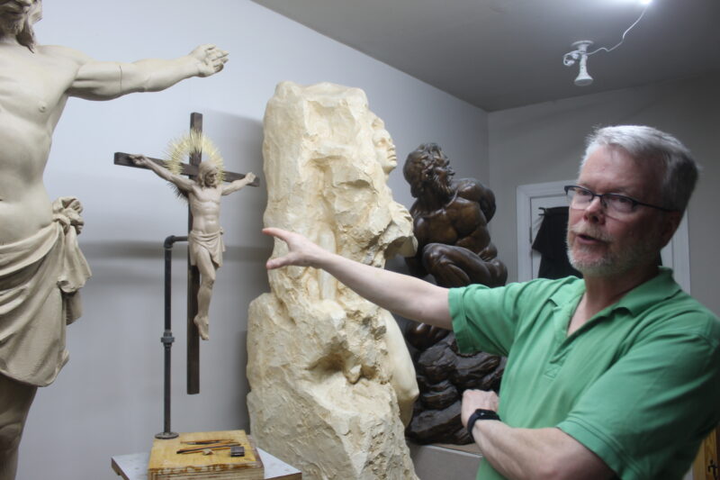 Photo by Scooter MacMillan.

The white statue beyond Jay Carpenter’s hand is the Colbert Memorial, done to remember Stephen Colbert’s late sister-in-law. ‘She was very artistic, and she was particularly fond of the unfinished sculptures by Michelangelo,’ Carpenter said.