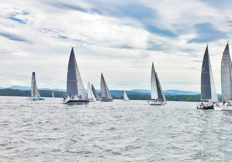 Photo by Deb Hartshorn 
The spinnaker fleet is off and running under a moody sky, just after the start of the 
Diamond Island Regatta on Aug. 12.
