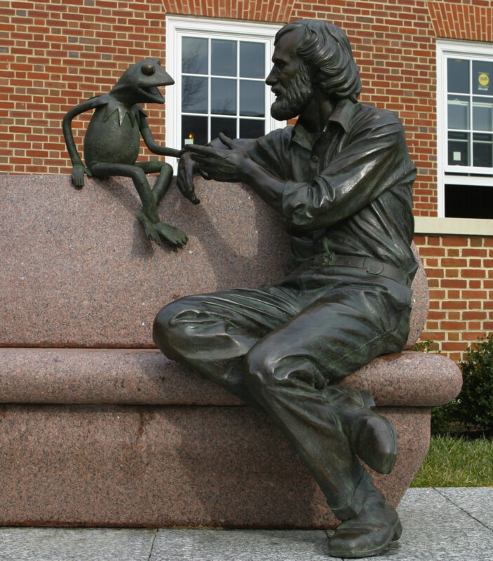 Photo by Jay Carpenter. 

From left, Kermit is in an endless conversation with his creator Jim Henson at the Henson Memorial at the University of Maryland, where he graduated in 1960.