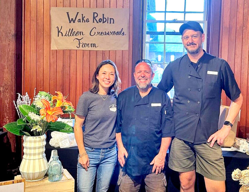 Courtesy photo
From left, Breana Killeen of Killeen Crossroads Farm is all smiles after winning ‘Best Bite’ at the Vermont Fresh Network’s annual fundraiser at Shelburne Farms, alongside winning Wake Robin chefs Bill Iliff and Ryan Meath.