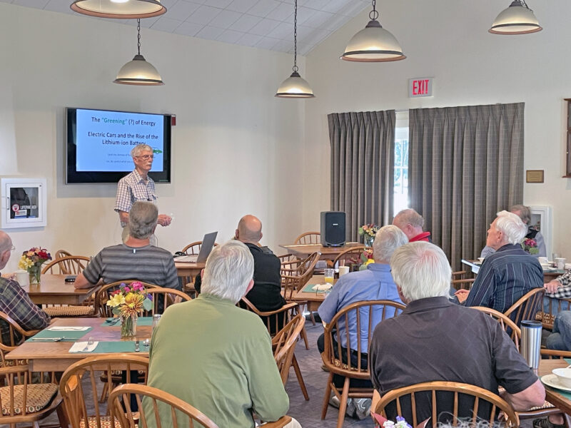 Photo by Lori York.
Paul Wagenhofer spoke at the September men’s breakfast about the greening of energy electric cars. He will return to speak at the senior center on Wednesday, Oct. 18 at 7 p.m.