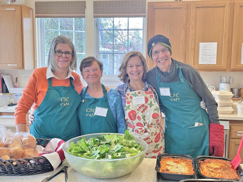 Photo by Lori York.
From left, Janet Morrison, Sue Foley, Carol Geske and Andy Hodgkin volunteer for the Monday cooking team preparing lunch for 50 seniors.