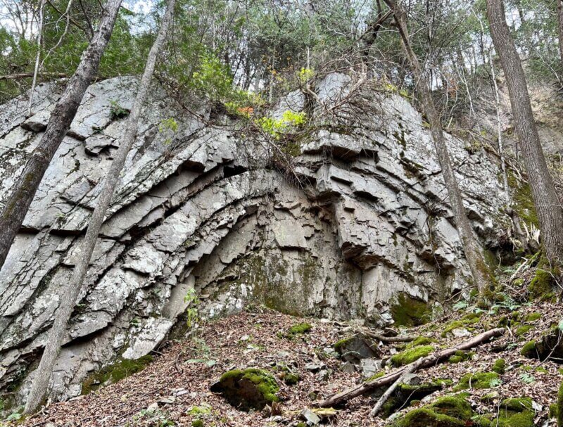 Photo by Sheri Larsen.
The anticline at The Watershed Center in Bristol is even bigger than the Oven, the anticline straddling the town lines of Raven Ridge in Charlotte, Hinesburg and Monkton.