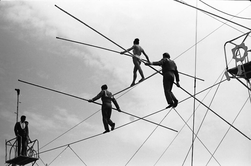 Elliot Fenander, Outdoor Tightrope Walkers, 1965–69. Negative, 1½ x 1 inches. Collection of Shelburne Museum, gift of Elliot and Phyllis Fenander.