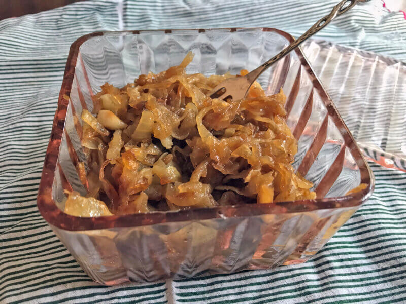 Photo by Dorothy Grover-Read. 
A tasty bonus: When making onion stock, a little stash of caramelized onions is your reward for any tears. A rich, flavorful onion stock provides the base for the Vermont onion soup and is just as rich as beef stock, which is usually used in classic French onion soup.