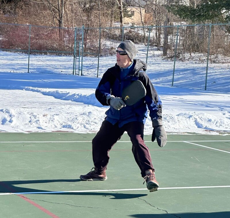 Photo by Emily Vatis. 
Christopher Vatis doesn’t let winter weather stop him from playing pickleball.