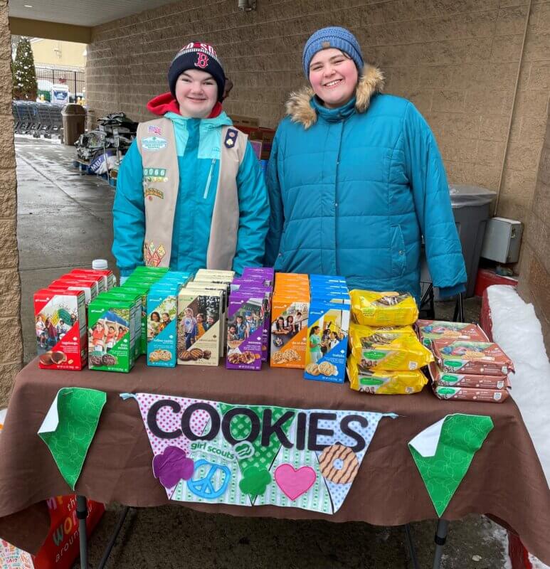 Courtesy photo
Jenny Blanshine and Alexis Pearce selling cookies last year. Door-to-door and other in-person, one-on-one sales have ended for this year. Now Girl Scouts like have moved to selling at shopping centers and outside of stores.