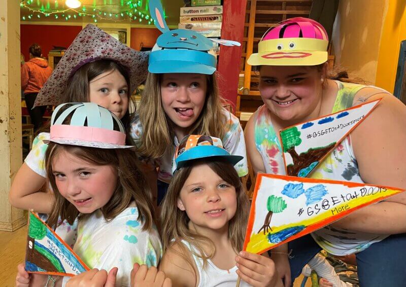 Courtesy photo. From left, Mia Paquette, Brooklynn Laclair, Colbie Curler, Marissa Laclair and Alexis Pearce get crazy-hat-day badge requirement.