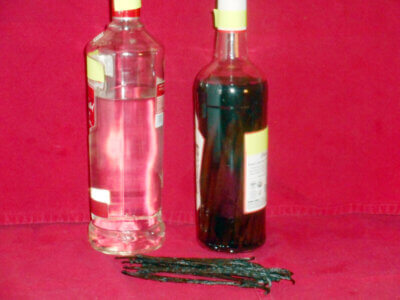 When vanilla beans and vodka (right) are combined and allowed to age, the result will be vanilla extract that can be used for baking cakes, pies and other desserts.