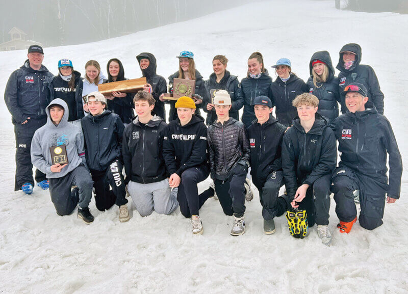 Courtesy photo. The Champlain Valley Union’s men’s and women’s alpine teams are, from top left, Lars Cartwright (coach), Carly Strobeck, Elizabeth Norstrand, Ella Lisle, George Francisco, Kate Kogut, Rachel Bialowoz, Marley Cartwright, Lilly Caputo, Addie Bartley, Natalie Paquette (coach). Bottom from left, Ray Hagios, Jacobs Sternberg, Sebastian Bronk, Alden Endres, Kai Schulz, Sawyer Lake, Jake Strobeck and Steve Francisco (coach).