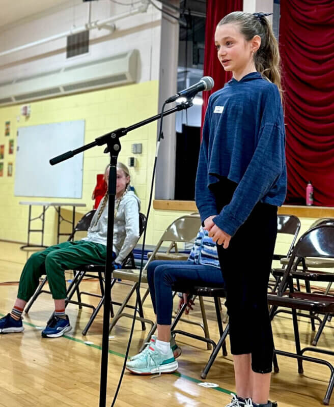 Photo by Genevieve Trono. 
Lucy Palmer won the Charlotte Central School spelling bee on Feb. 21 after spelling ‘turquoise’ correctly.