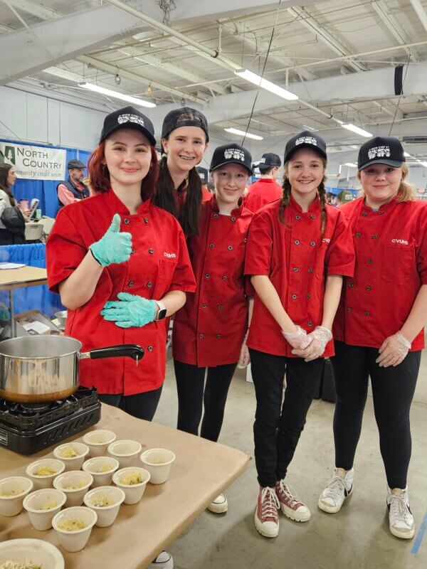 Courtesy photo. 
From left, members of Champlain Valley Union’s Chefhawks 2 team are from left, Koko Dando-Plasha, Addison James, Maja Halliburton, Clara Anderson and Laela Desjadon. This team won the crowd pleaser award for their pumpkin ravioli with brown butter sauce.