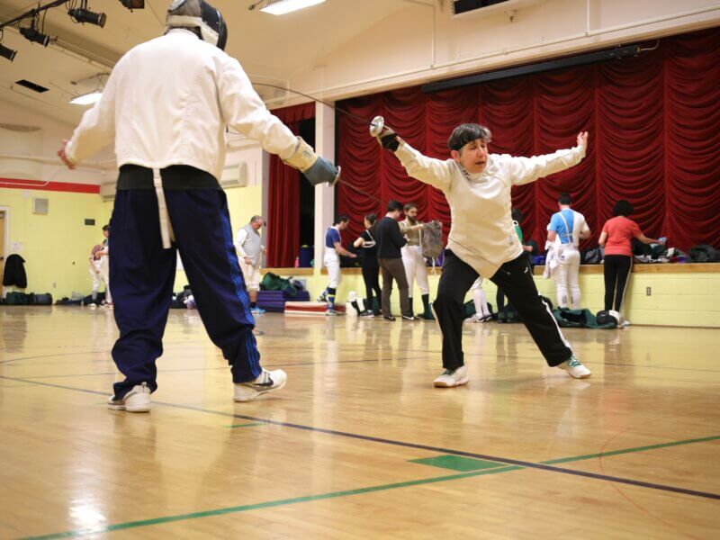 Photo by Catherine Morrissey. 
Viveka Fox, right, spars during a practice session of the Vermont Fencing Alliance in Charlotte.