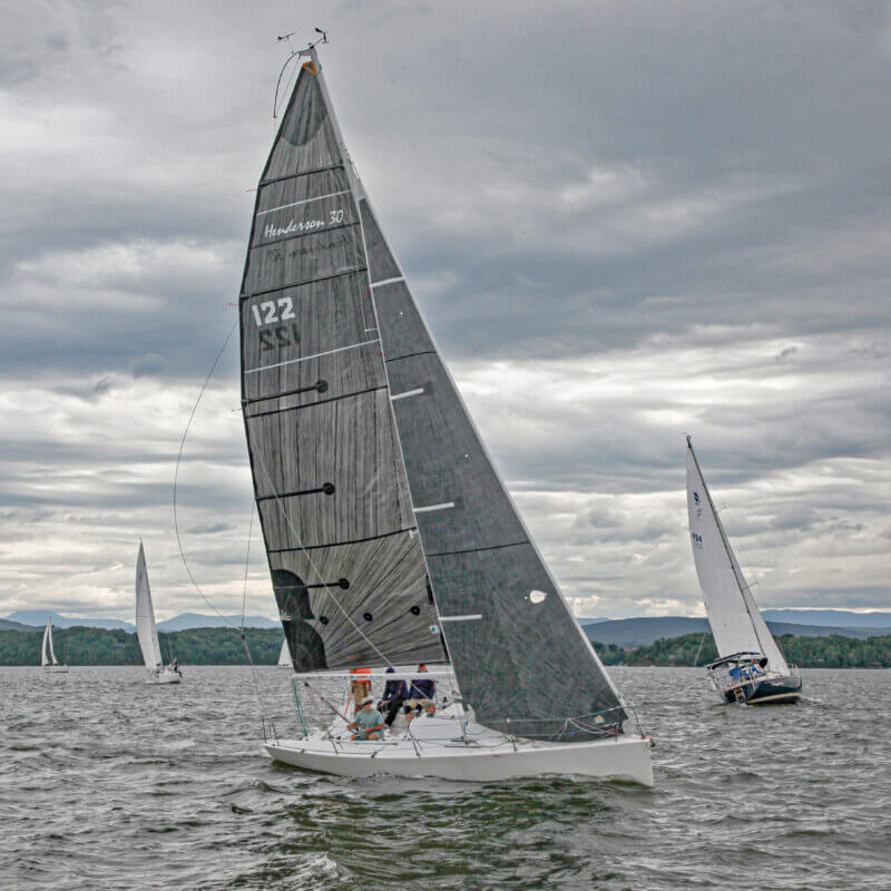 Photo by Joe Gannon/Coyote Ridge Productions LLC.
Polar Express, a Henderson 30 sailed by Chris Duley from the Valcour Sailing Club, was the first boat to finish in Saturday’s Diamond Island Regatta.