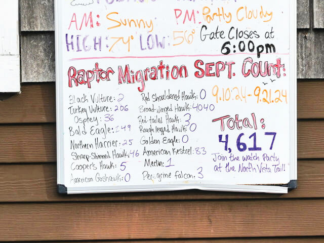 Photo by Hank Kaestner.
A board on the entrance booth at Mt. Philo kept a tally of the birds seen during September this year.