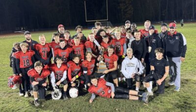Photo by Jorden Blucher. The Champlain Valley School District Buccaneers defeated the Castlelton Vipers to win the state Division 1 title in the Northern Vermont Youth Football League on Saturday, Nov. 2, at Colchester High. The seventh and eighth grade team included at least six players from Charlotte — Lincoln Zappala, Luke Blucher, Finn Wilson, Jackson Barone, Felix Ewins and Nicholas Cowles.