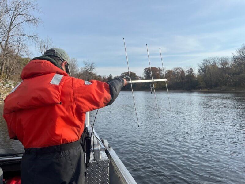 Fisheries scientist Shawn Good uses an antenna to track a muskie that’s been tagged in October.